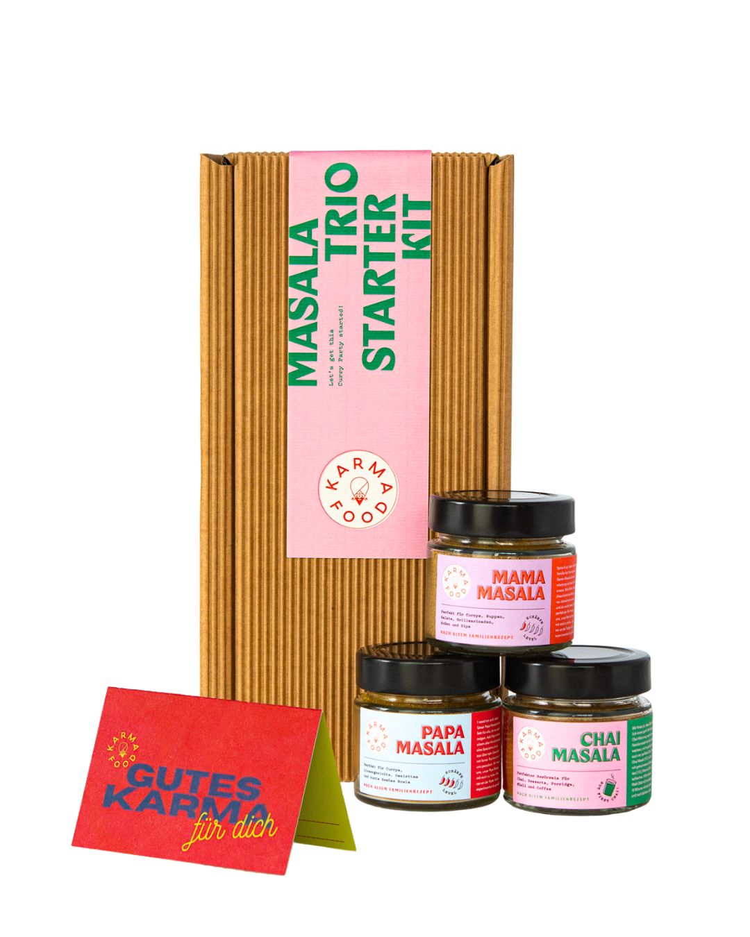 Kochkurs Voucher und Masala Trio Starter Kit von Karma Food – Mama Masala, Papa Masala & Chai Masala als liebevolles Geschenk online bestellen