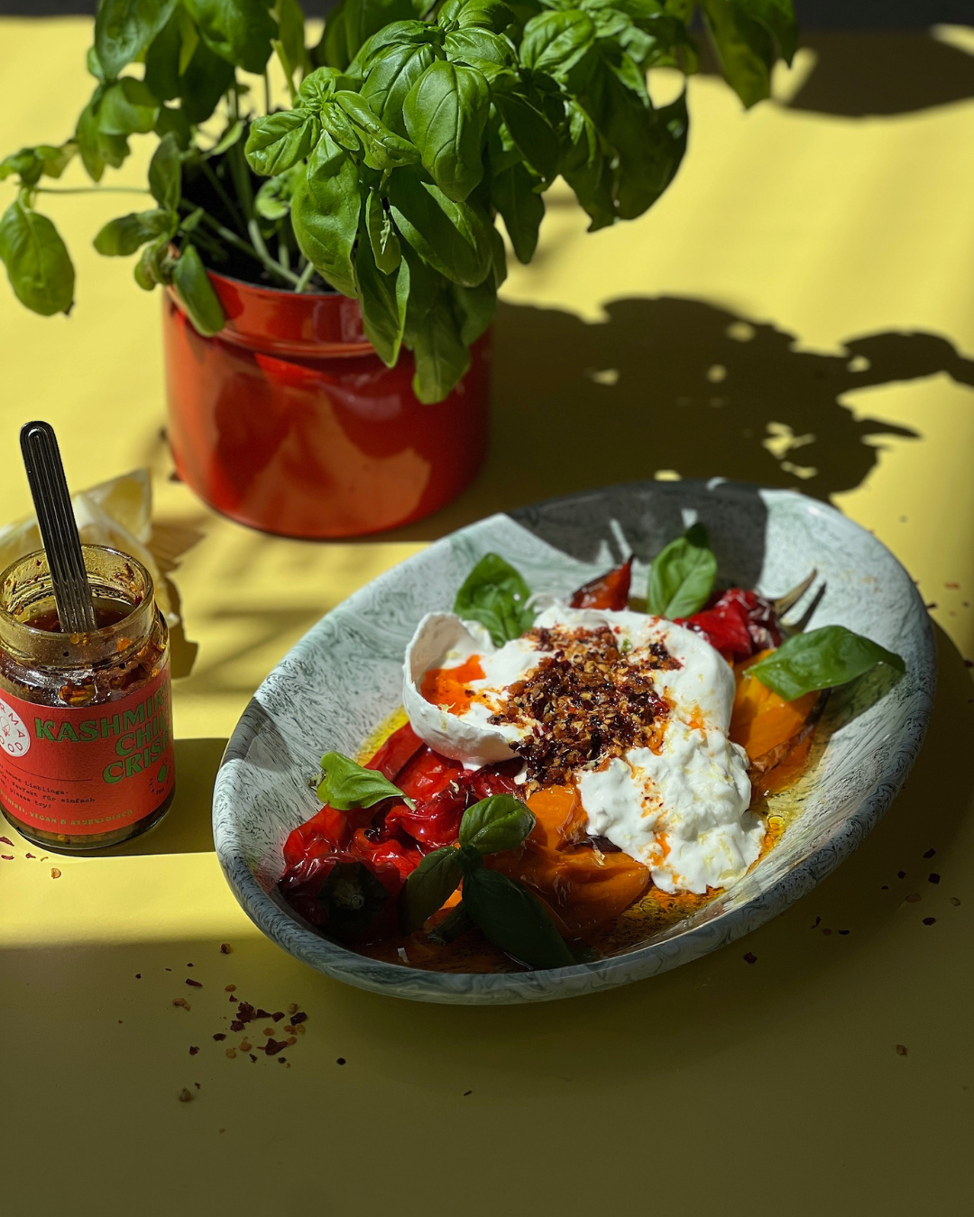 Gegrillte bunte Paprika mit Burrata, Basilikum und Kashmiri Chili Crisp in Schale, daneben Glas Chili Crisp und Topf mit Basilikum auf gelbem Untergrund.