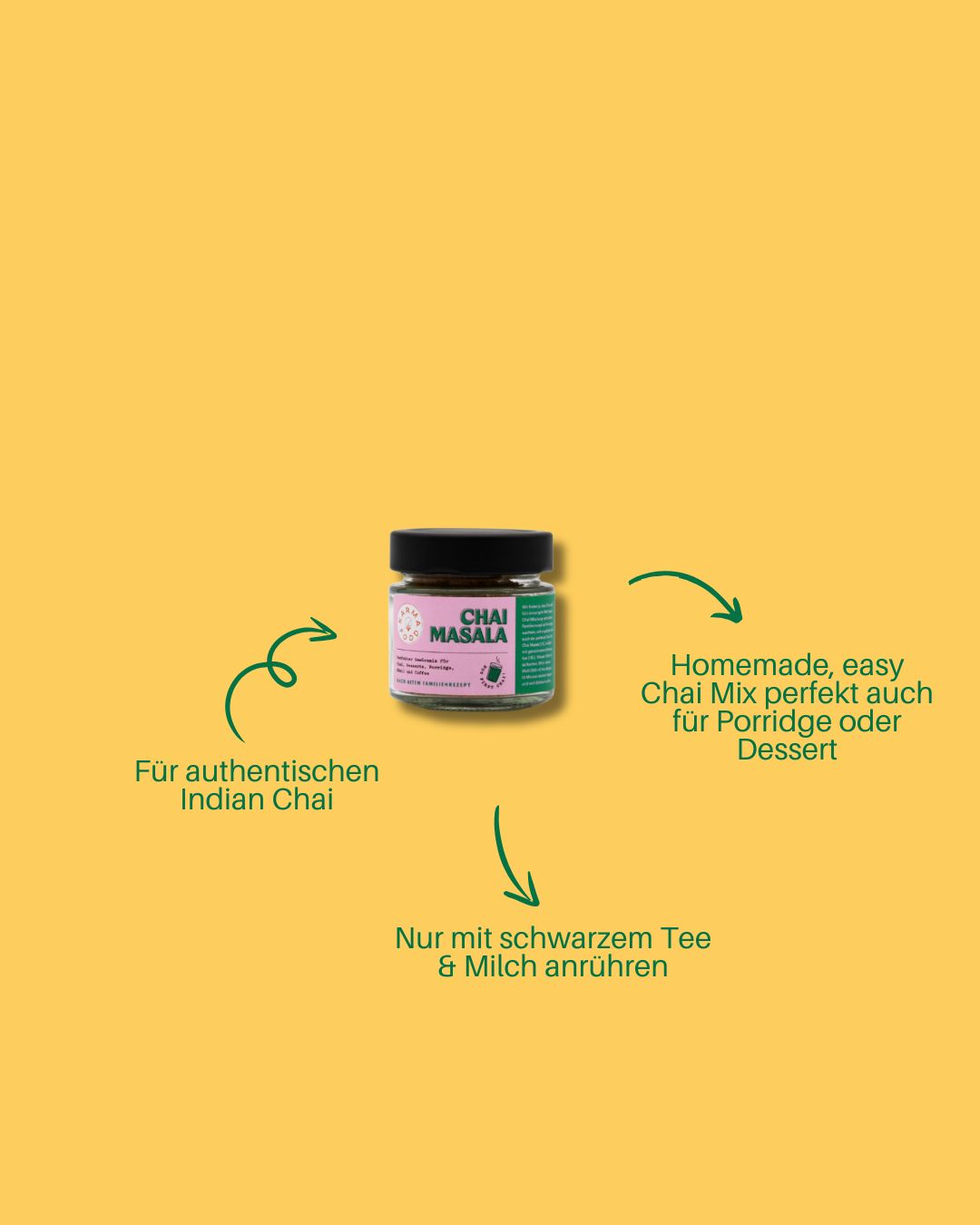 Chai Masala Gewürzmischung im Glas von Karma Food auf gelbem Hintergrund. Um das Glas herum Hinweise: Für authentischen Indian Chai, einfach mit schwarzem Tee und Milch anrühren, auch ideal für Porridge oder Desserts