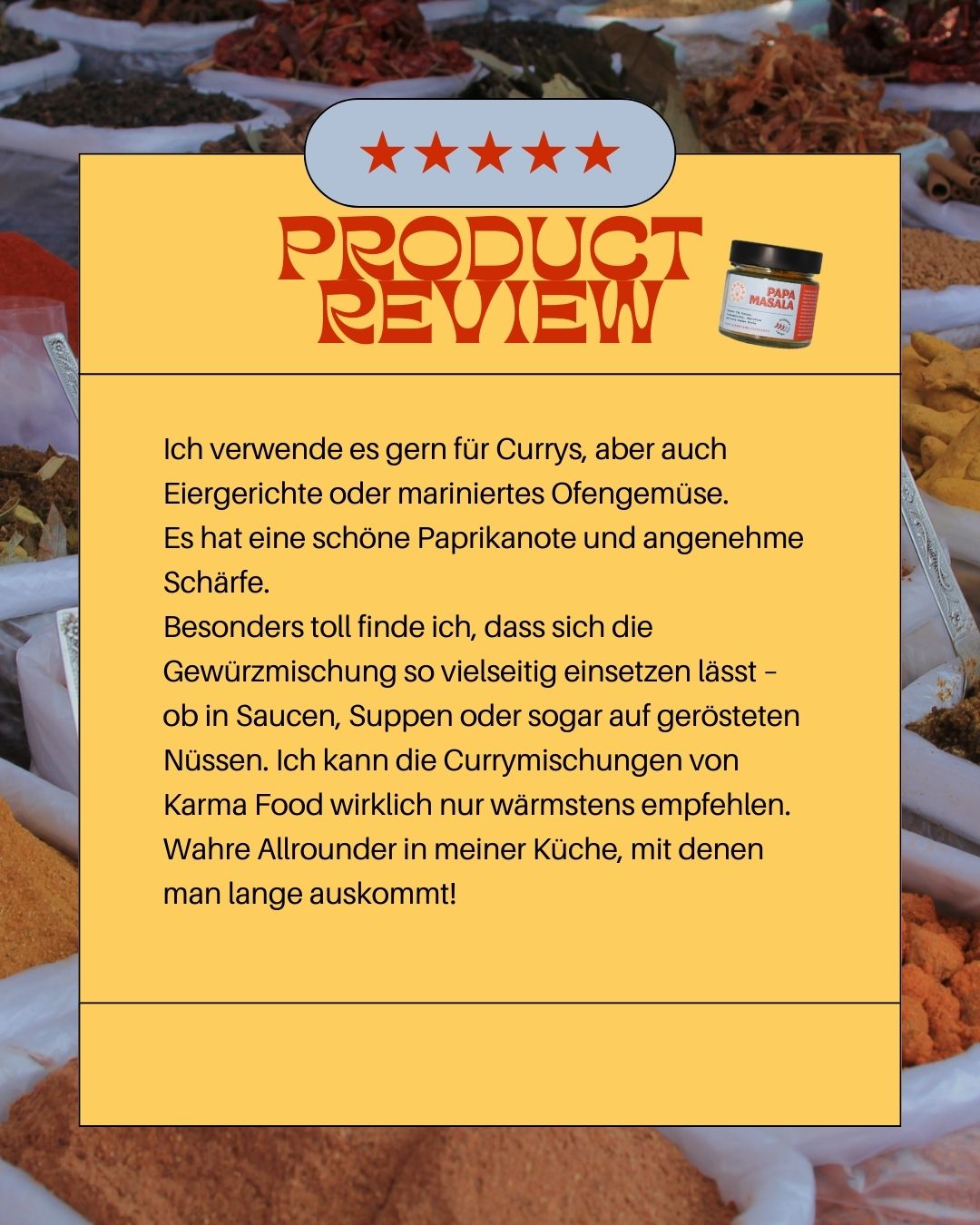 Fünf-Sterne-Bewertung für Papa Masala Gewürzmischung von Karma Food. Text lobt die Vielseitigkeit für Currys, Eiergerichte und Ofengemüse mit feiner Paprikanote