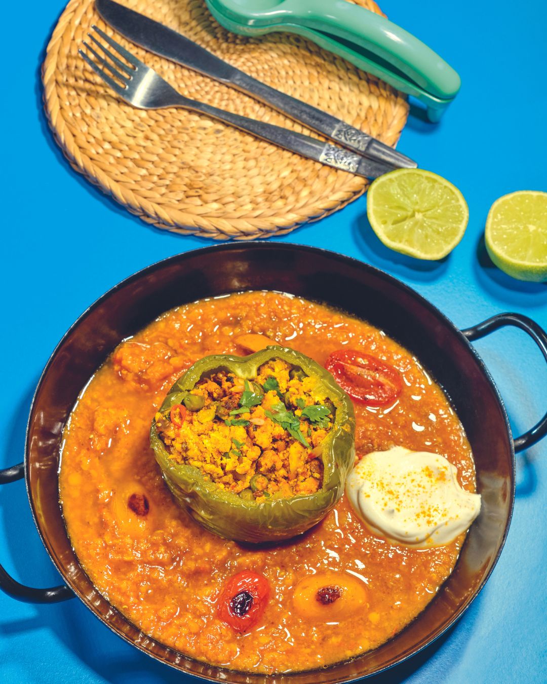 Veganes Curry mit gefüllter Paprika in einer würzigen Tomatensoße, serviert in einer schwarzen Pfanne, daneben Limettenhälften und Besteck auf einem blauen Hintergrund