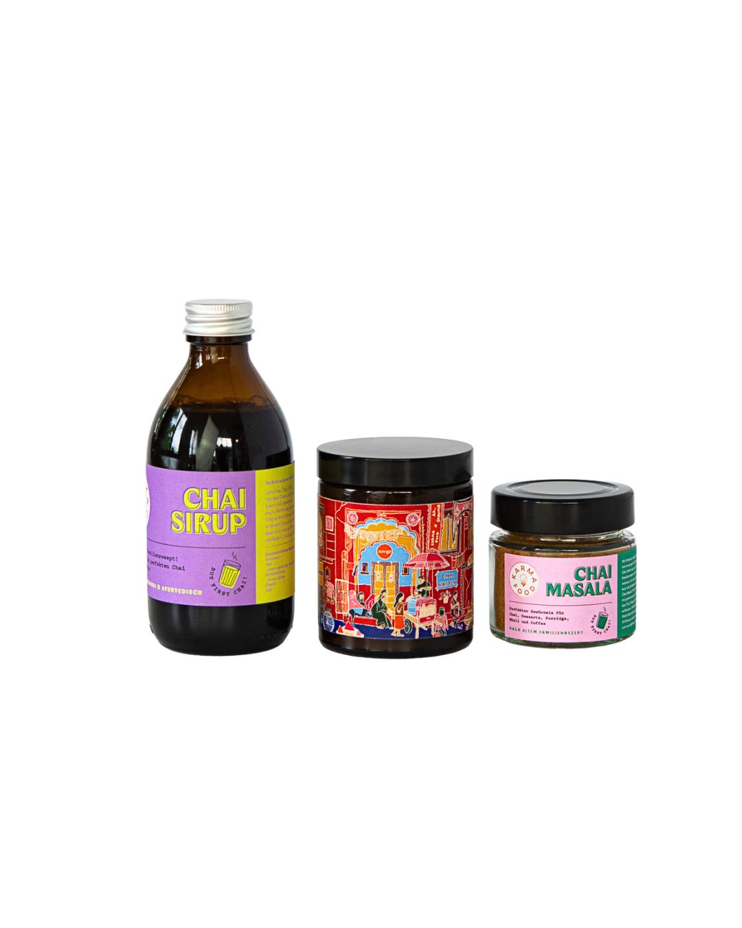 Chai Geschenkset – Sirup, Chai Masala & Chai Masala Duftkerze im Bundle (Design Streets of India)