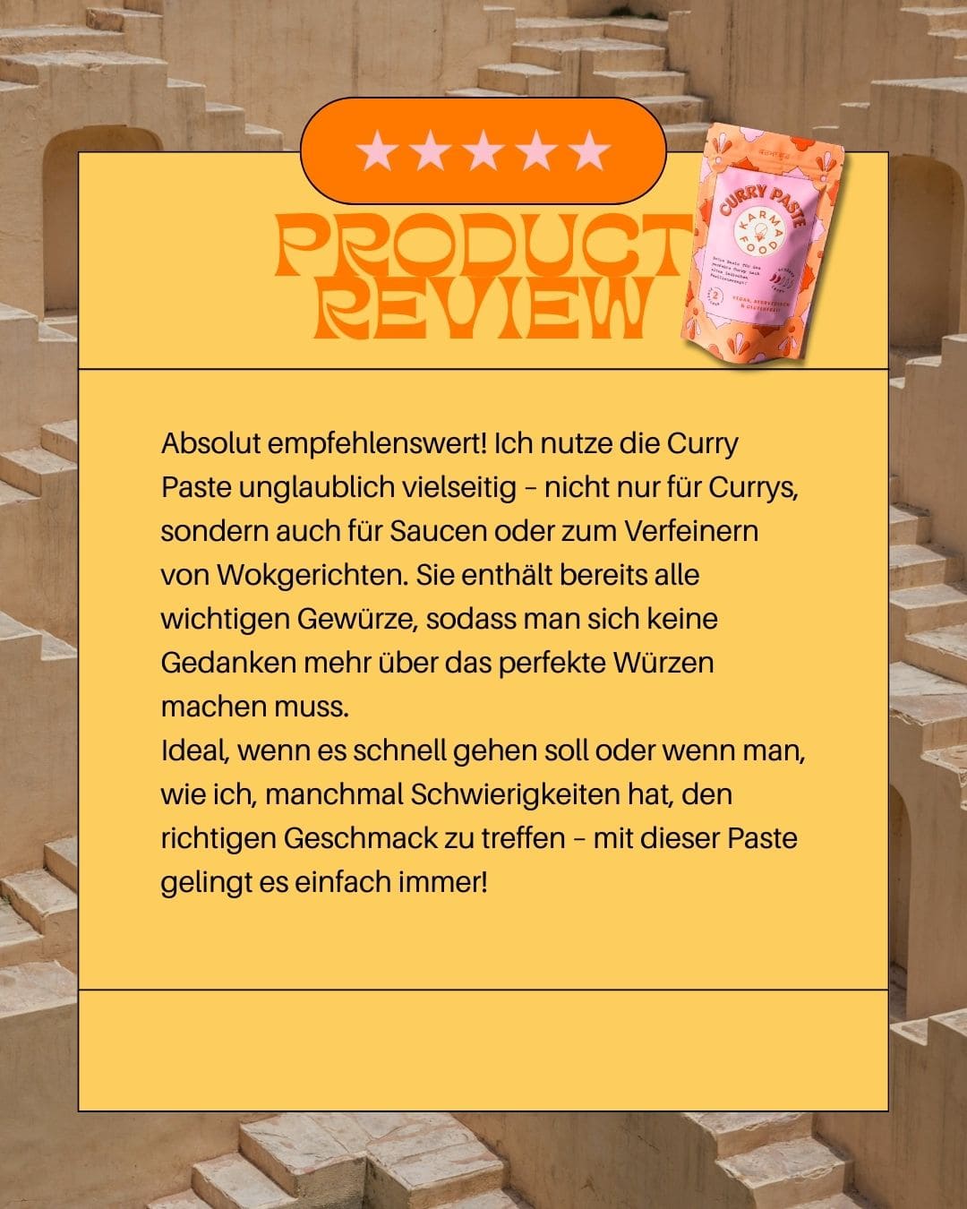 Kundenbewertung der Karma Food Curry Paste mit Fokus auf Vielseitigkeit und einfache Anwendung