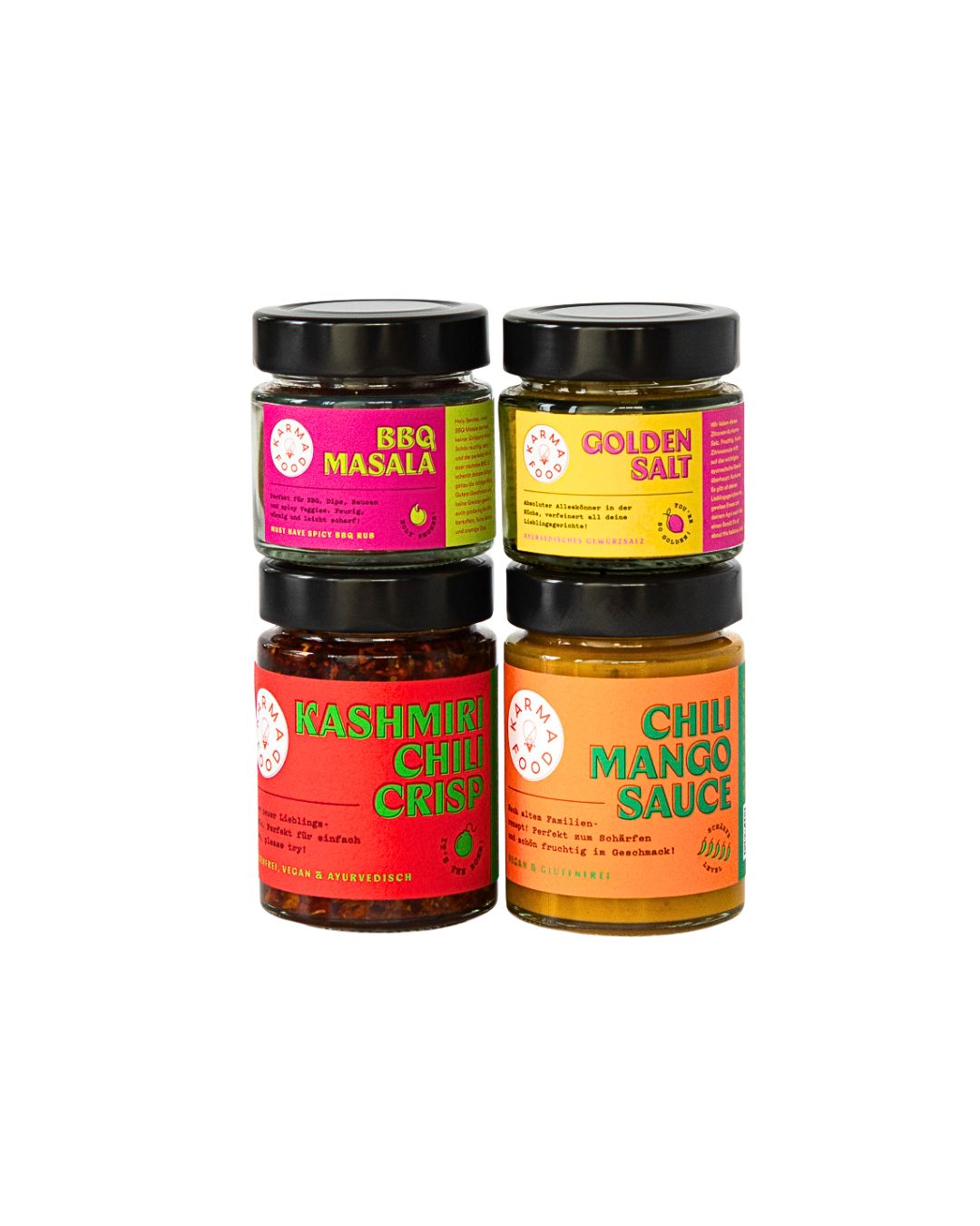 Indian BBQ Set von Karma Food – Chili Crisp, Chili Mango, BBQ Masala & Golden Salt im Geschenkset
