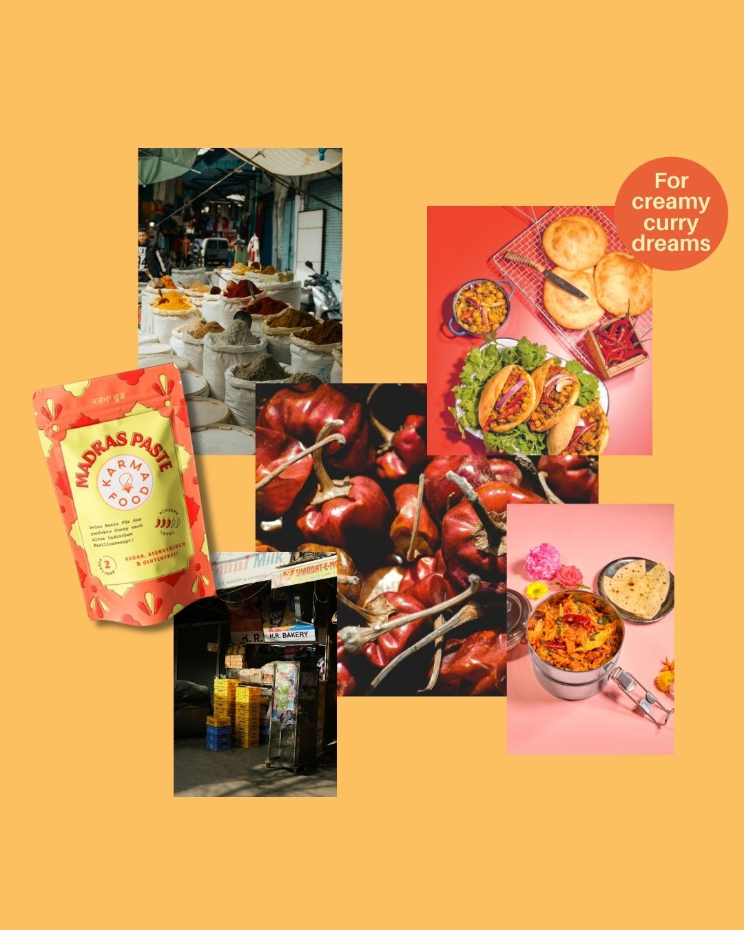 Bunte Collage mit indischen Gewürzen, Street Food, Curry-Paste und frischem Gemüse auf gelbem Hintergrund