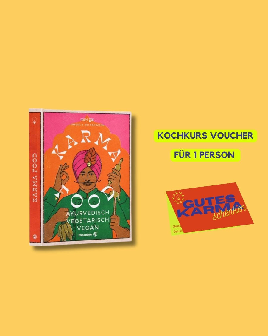 Ayurvedisches Karma Food Kochbuch und Gutschein für einen Kochkurs für eine Person