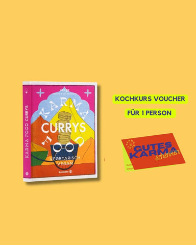 Karma Food Currys Kochbuch vegetarisch-vegan mit Gutschein für einen Kochkurs für eine Person