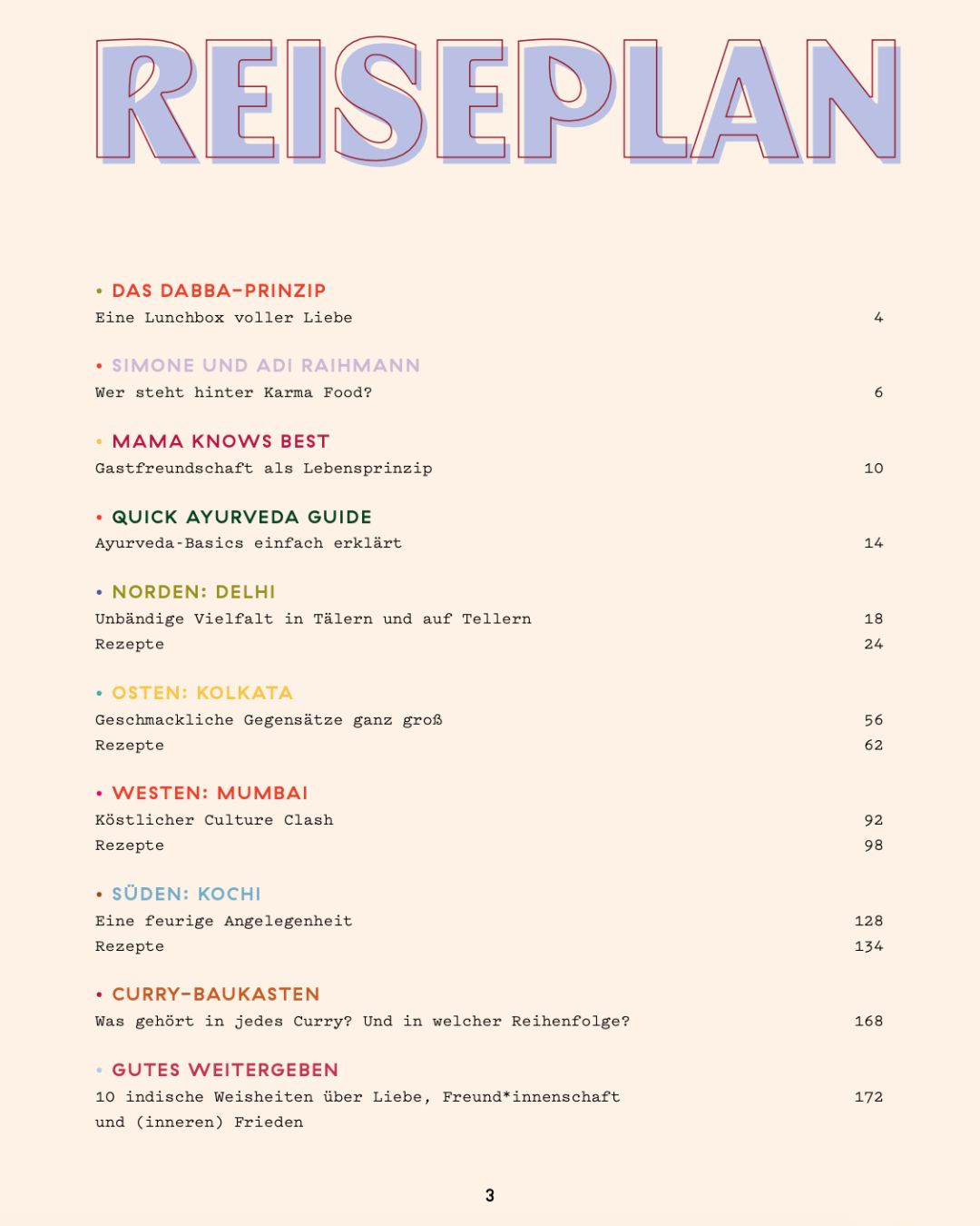 Inhaltsverzeichnis aus Karma Food Currys – eine kulinarische Reise durch Indien mit Ayurveda, regionaler Küche und Rezepten