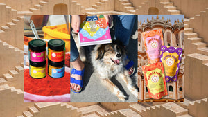 Karma Food Geschenkideen mit-Gewürzen, Karma Food Currys Kochbuch und Curry pasten Trio bunten Hintergrund