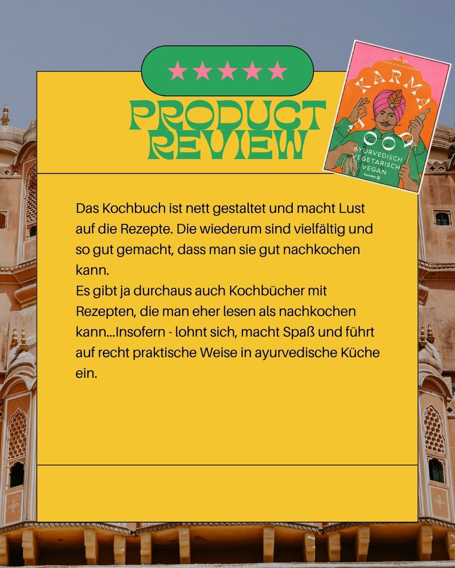 Produktbewertung für das Karma Food Kochbuch – ayurvedisch, vegetarisch, vegan – vor traditionellem indischen Palasthintergrund