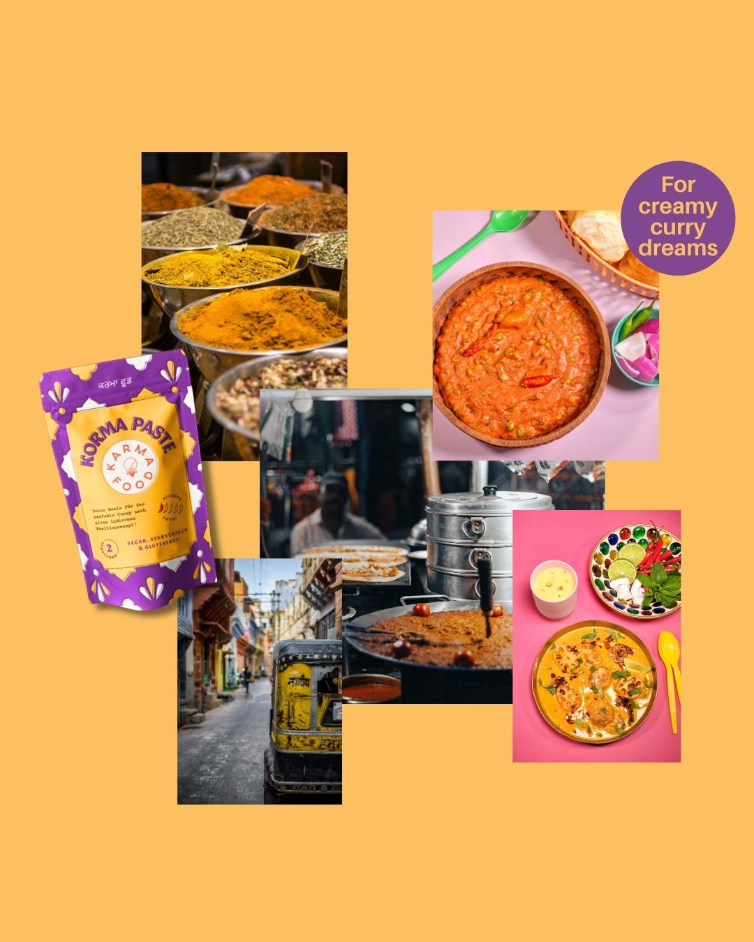 Bunte Collage mit Korma Curry Paste, indischem Streetfood, Gewürzen und authentischen Currys