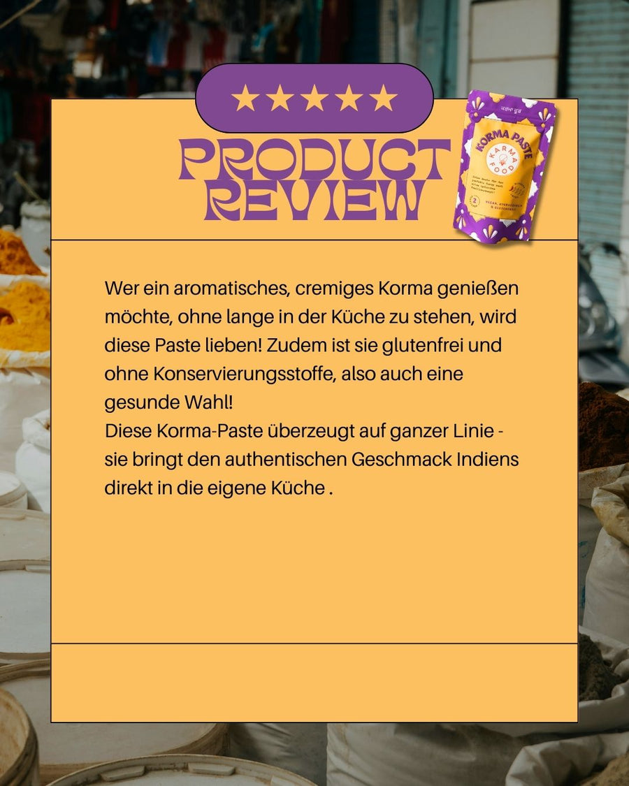 Kundenbewertung der Korma Curry Paste von Karma Food mit Fokus auf authentischen Geschmack und gesunde Zutaten