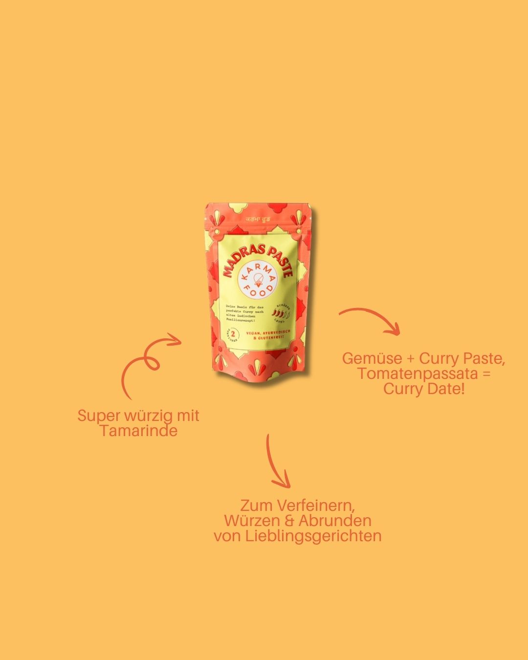 Verpackung der Madras Curry Paste von Karma Food mit Erklärungen zur Zubereitung auf gelbem Hintergrund