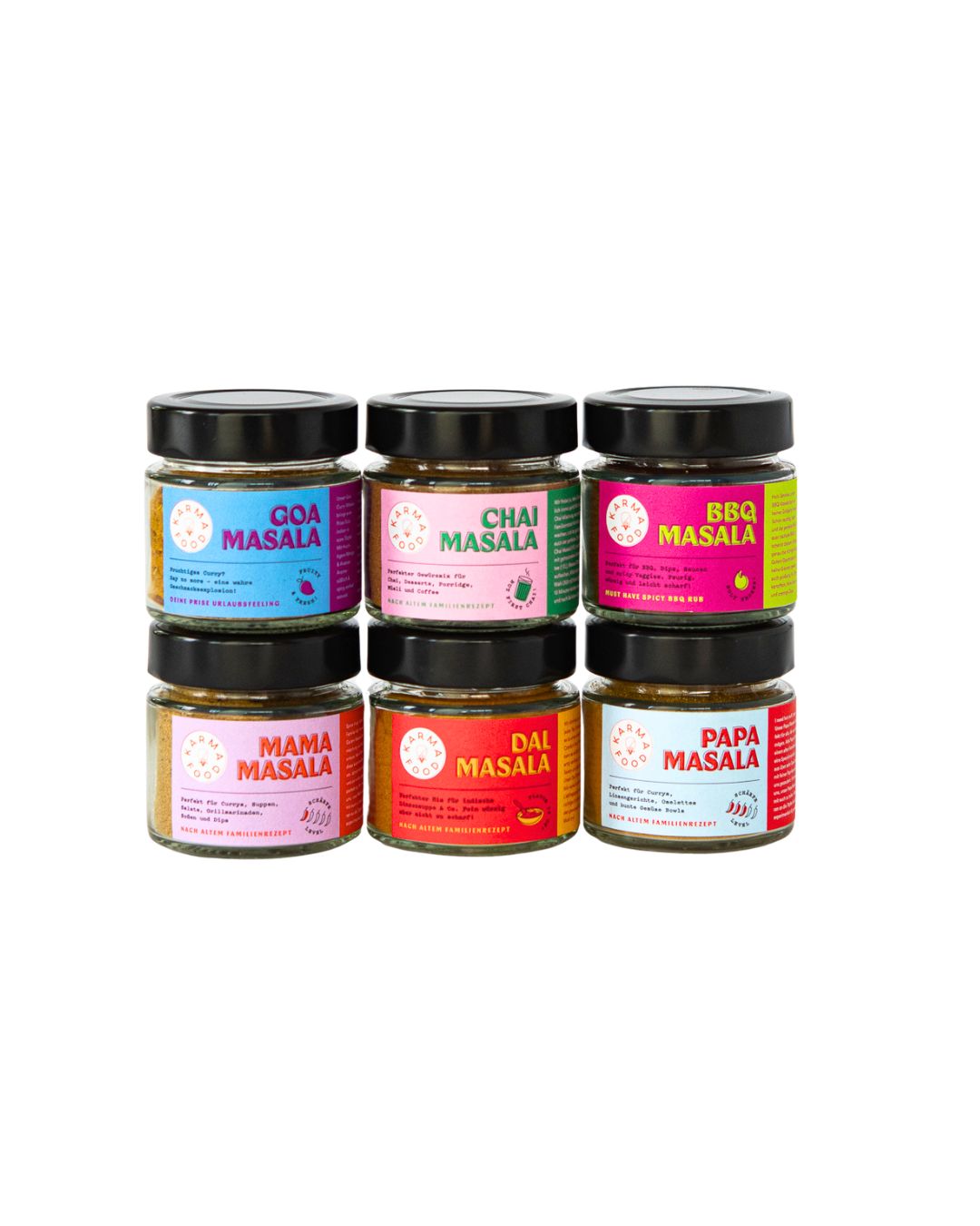 6er-Set ayurvedische Gewürzmischungen von Karma Food – perfekt für Curry, Chai & deine Küche