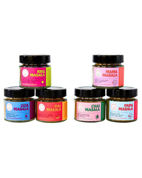 6er-Set ayurvedische Gewürzmischungen von Karma Food – perfekt für Curry, Chai und mehr. Sorgt für jede Menge Spice in deiner Küche